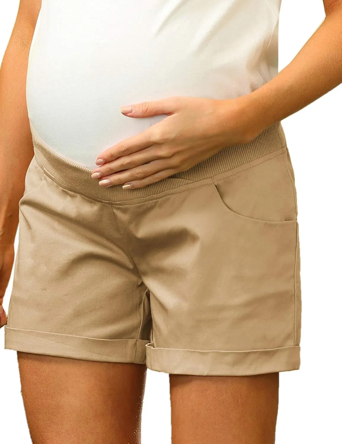 Maacie Maternity Shorts for Women Under Belly Cross Waist Casual Shorts with Pockets