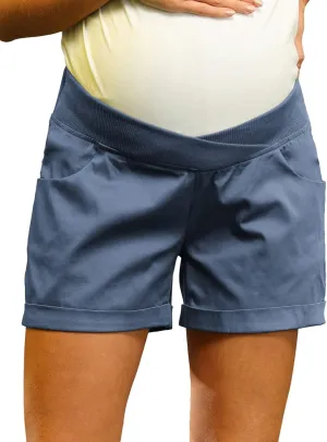 Maacie Maternity Shorts for Women Under Belly Cross Waist Casual Shorts with Pockets