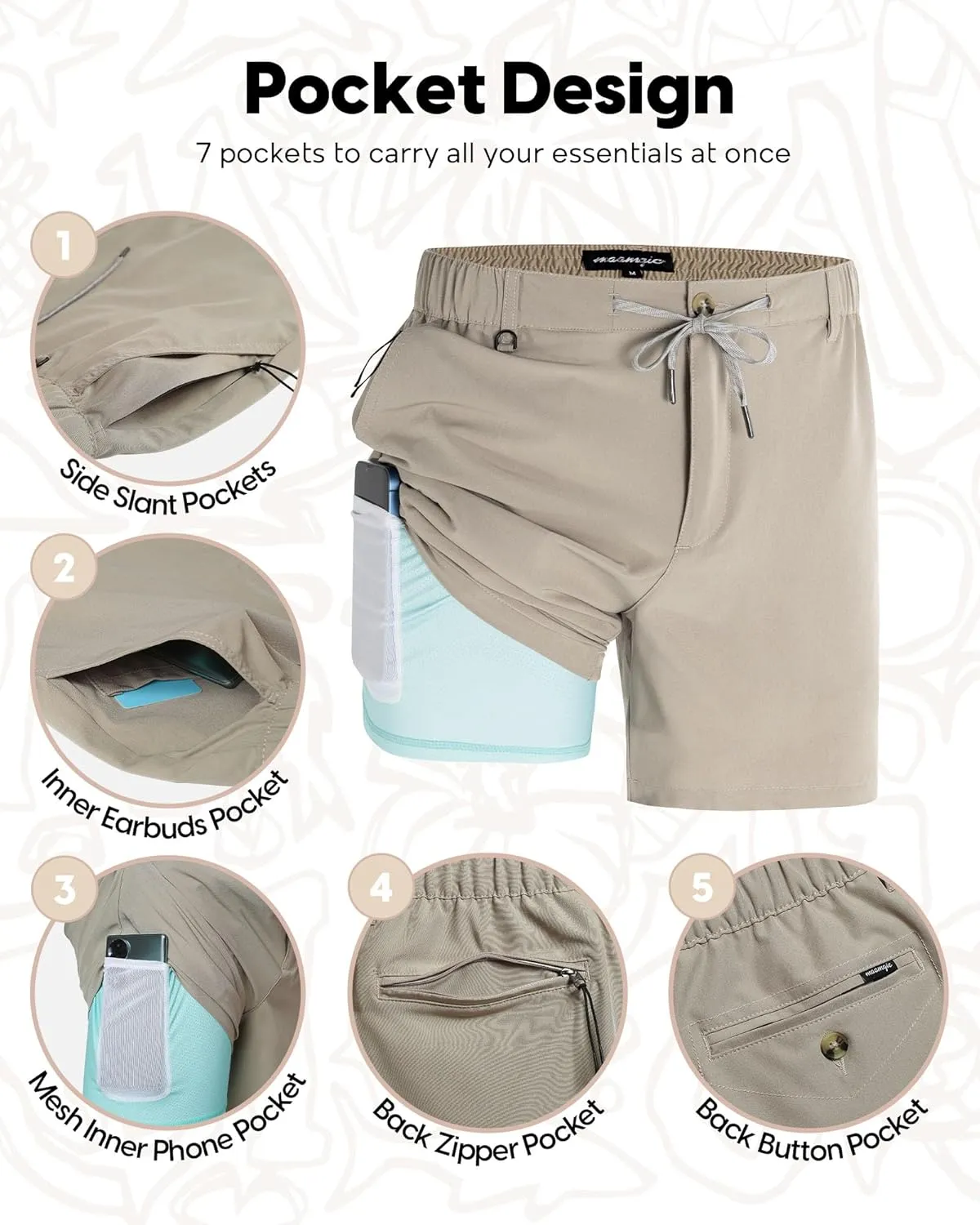 maamgic Mens Casual Shorts with Compression Liner 5/7 Inch Classic Fit Khaki Shorts
