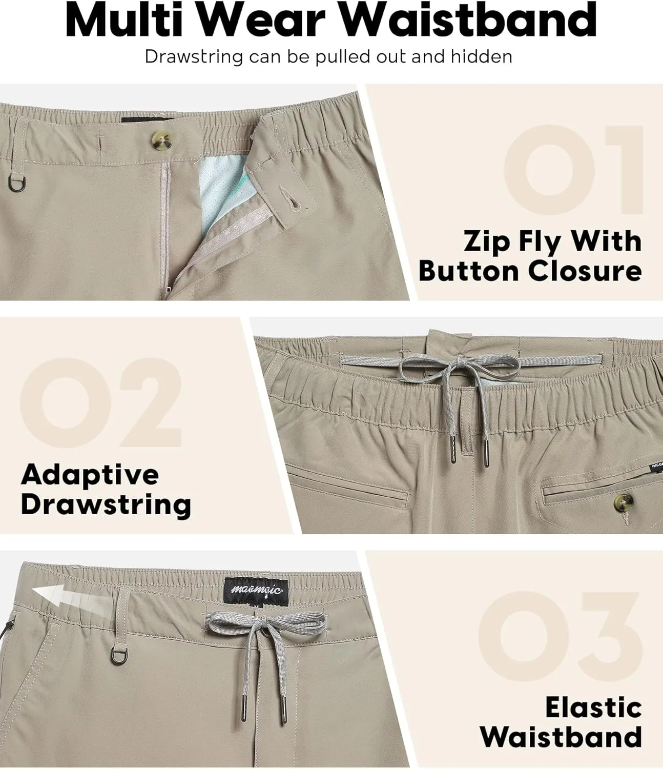 maamgic Mens Casual Shorts with Compression Liner 5/7 Inch Classic Fit Khaki Shorts
