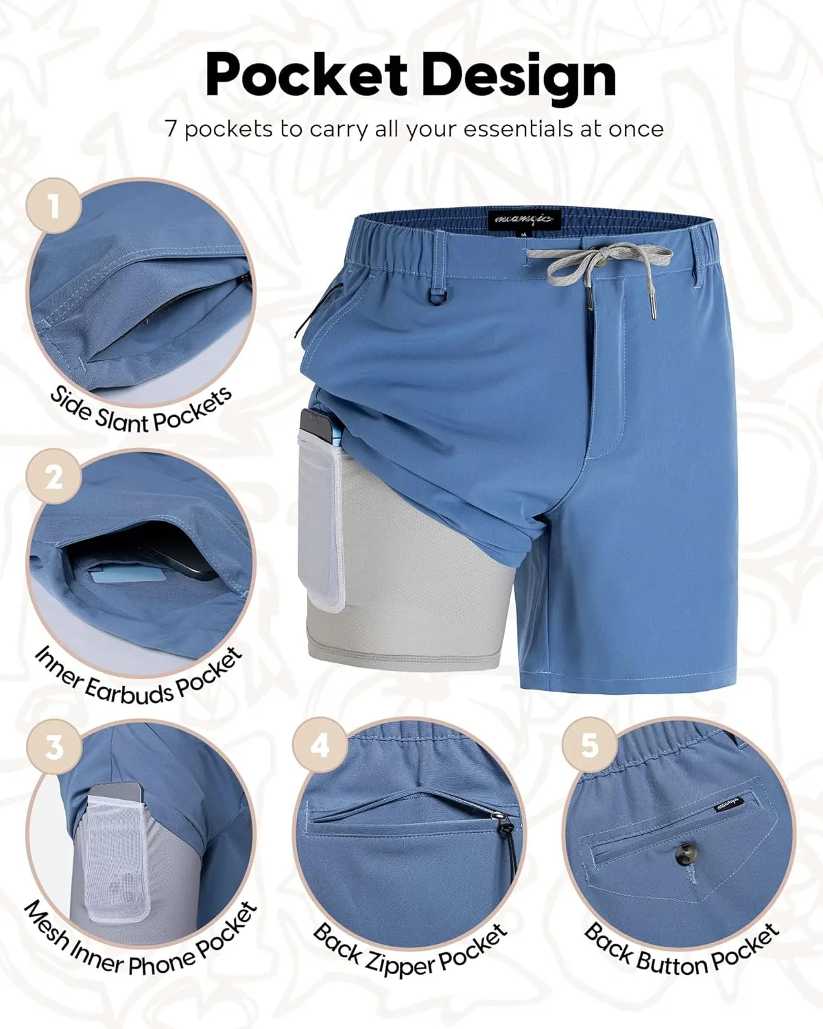 maamgic Mens Casual Shorts with Compression Liner 5/7 Inch Classic Fit Khaki Shorts