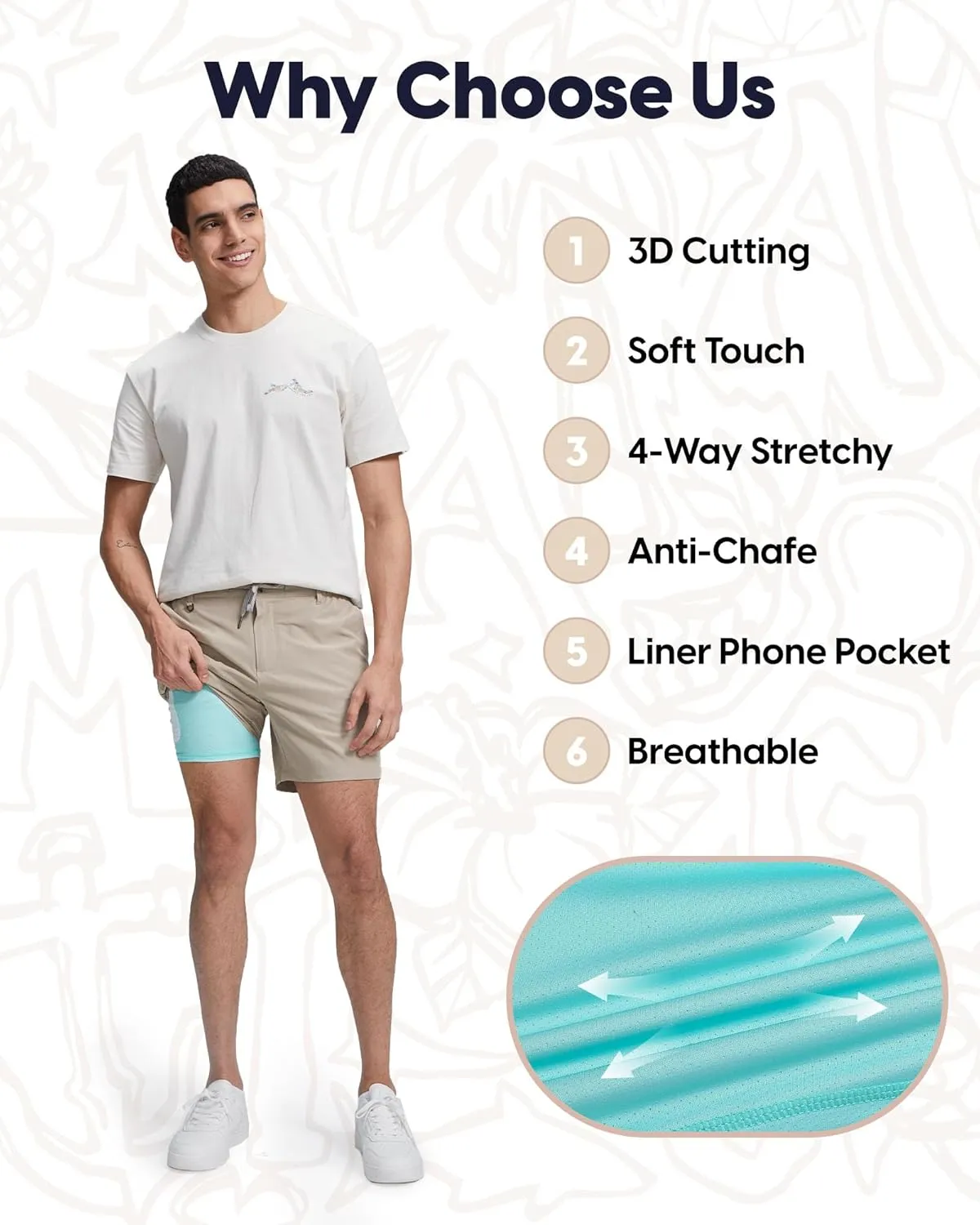 maamgic Mens Casual Shorts with Compression Liner 5/7 Inch Classic Fit Khaki Shorts
