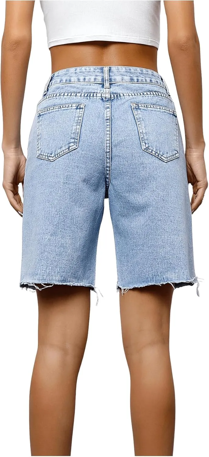 MakeMeChic Women's Jean Shorts Casual High Waisted Long Denim Shorts
