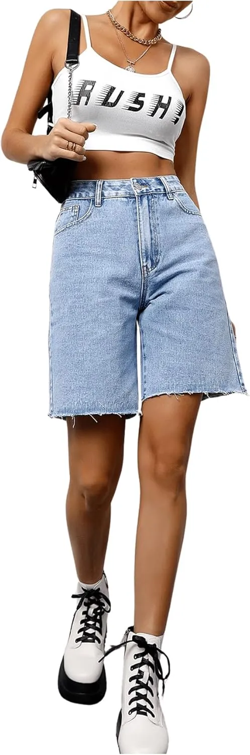 MakeMeChic Women's Jean Shorts Casual High Waisted Long Denim Shorts