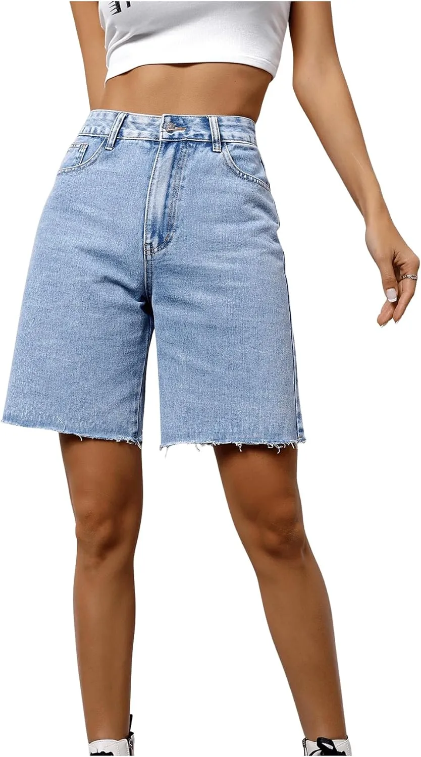 MakeMeChic Women's Jean Shorts Casual High Waisted Long Denim Shorts