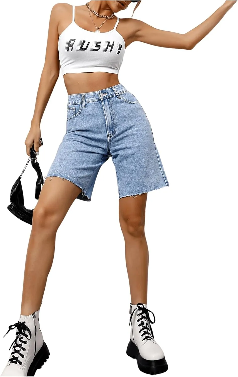MakeMeChic Women's Jean Shorts Casual High Waisted Long Denim Shorts