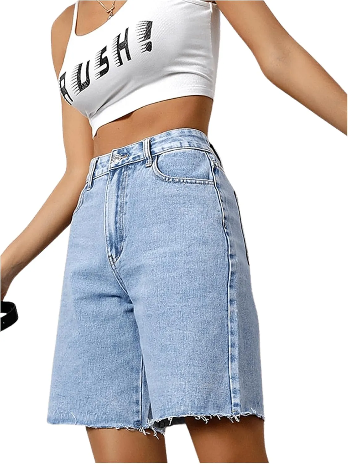 MakeMeChic Women's Jean Shorts Casual High Waisted Long Denim Shorts