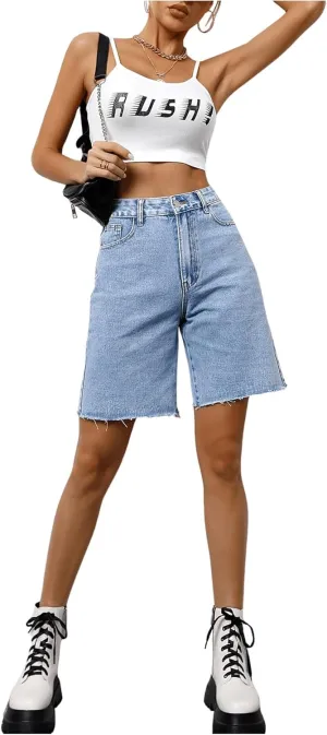 MakeMeChic Women's Jean Shorts Casual High Waisted Long Denim Shorts