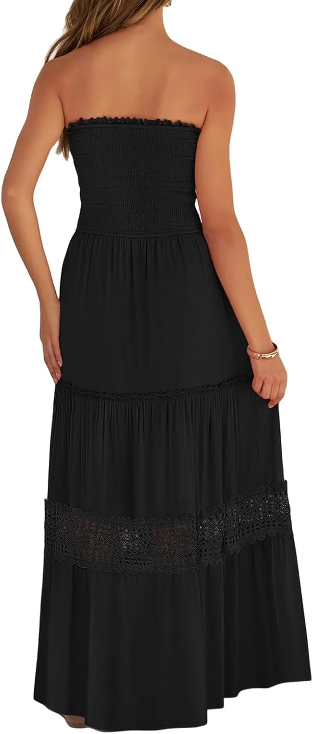 Maxi Dresses for Women Summer Boho Strapless Off Shoulder Dress Smocked Lace Trim Flowy A Line Beach Dress