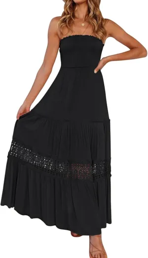 Maxi Dresses for Women Summer Boho Strapless Off Shoulder Dress Smocked Lace Trim Flowy A Line Beach Dress