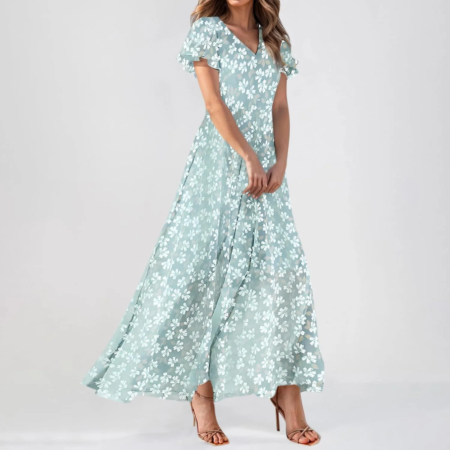 Maxi Floral Dresses for Women 2025 Summer Elegant Flowy Sundresses Trendy Flutter Sleeve Boho Long Dress V Neck Party