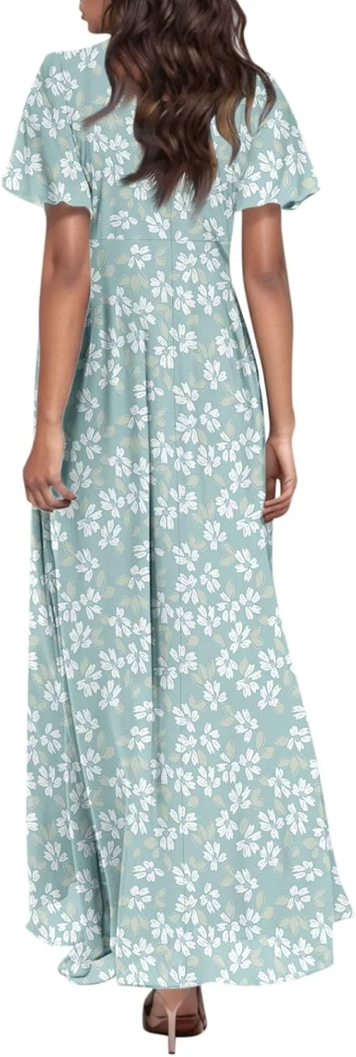 Maxi Floral Dresses for Women 2025 Summer Elegant Flowy Sundresses Trendy Flutter Sleeve Boho Long Dress V Neck Party