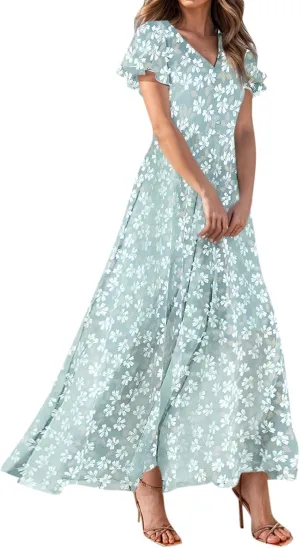 Maxi Floral Dresses for Women 2025 Summer Elegant Flowy Sundresses Trendy Flutter Sleeve Boho Long Dress V Neck Party