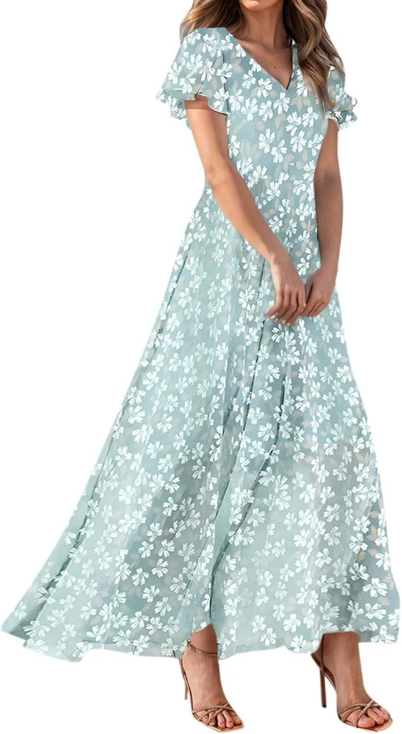 Maxi Floral Dresses for Women 2025 Summer Elegant Flowy Sundresses Trendy Flutter Sleeve Boho Long Dress V Neck Party