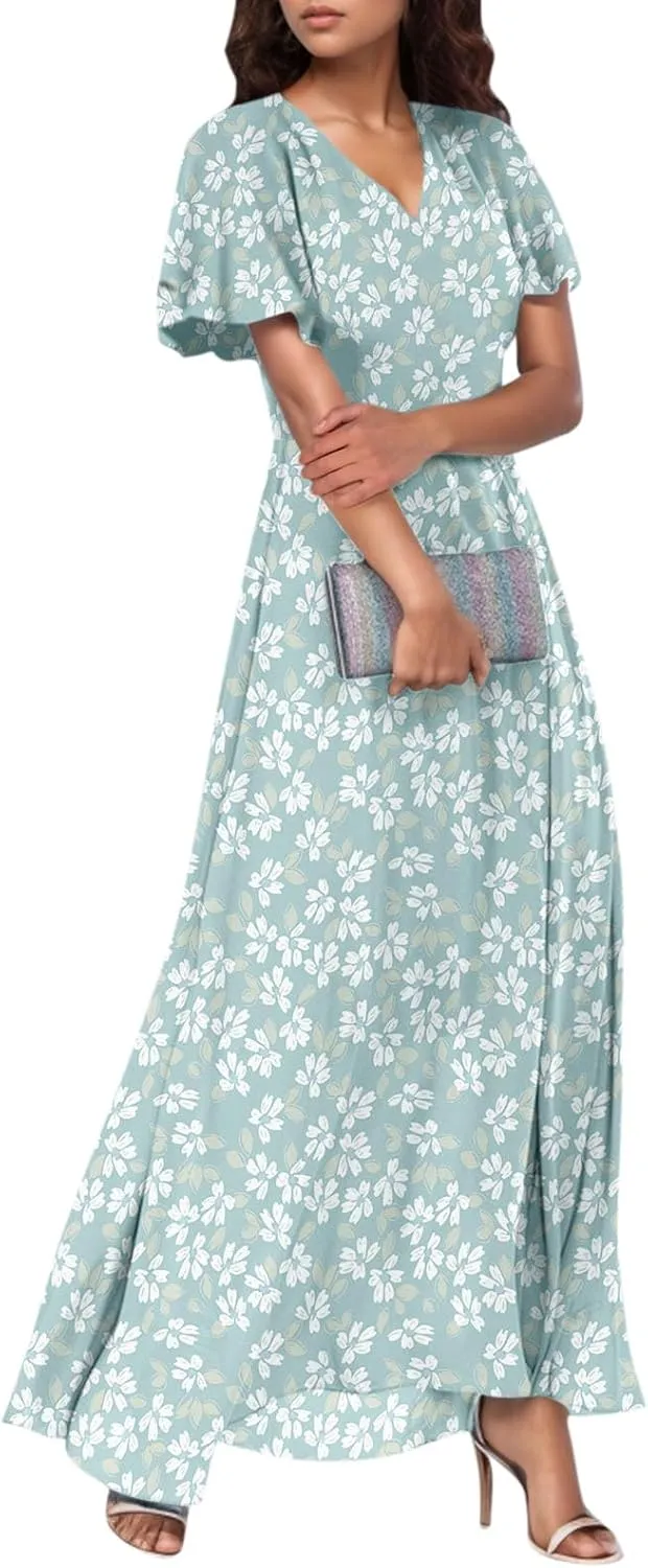 Maxi Floral Dresses for Women 2025 Summer Elegant Flowy Sundresses Trendy Flutter Sleeve Boho Long Dress V Neck Party