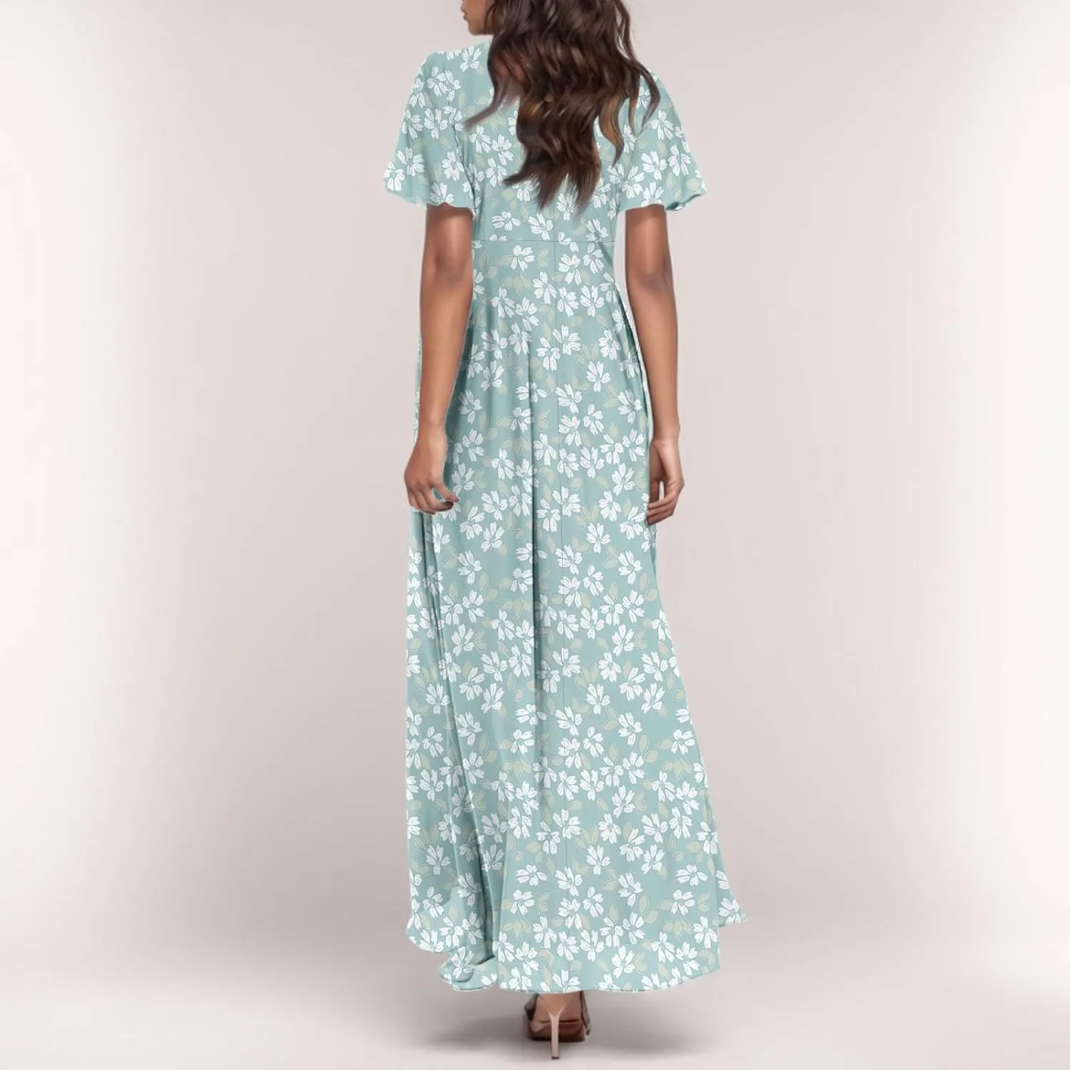 Maxi Floral Dresses for Women 2025 Summer Elegant Flowy Sundresses Trendy Flutter Sleeve Boho Long Dress V Neck Party