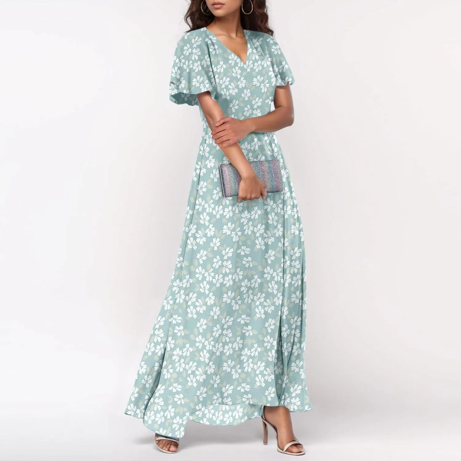 Maxi Floral Dresses for Women 2025 Summer Elegant Flowy Sundresses Trendy Flutter Sleeve Boho Long Dress V Neck Party