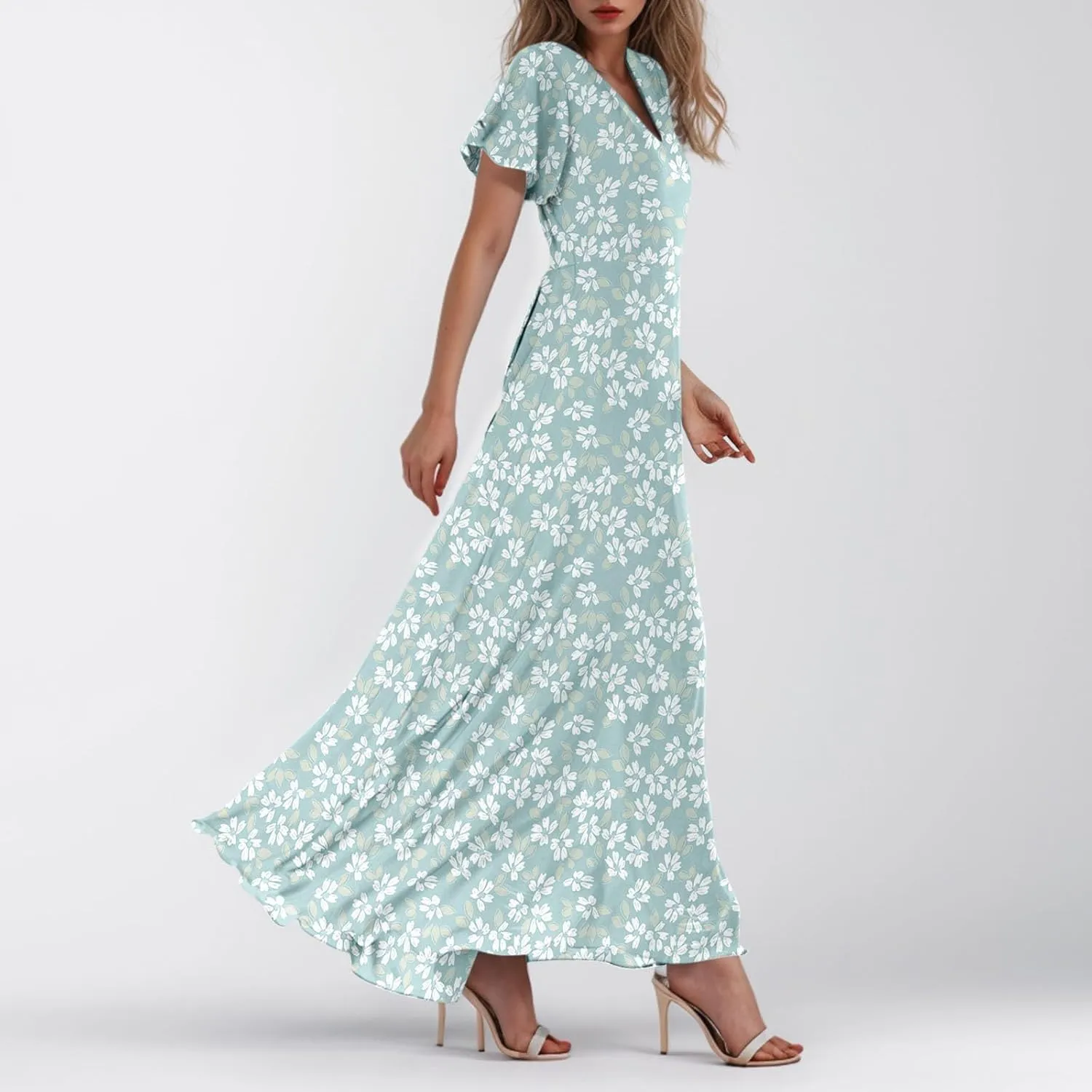 Maxi Floral Dresses for Women 2025 Summer Elegant Flowy Sundresses Trendy Flutter Sleeve Boho Long Dress V Neck Party