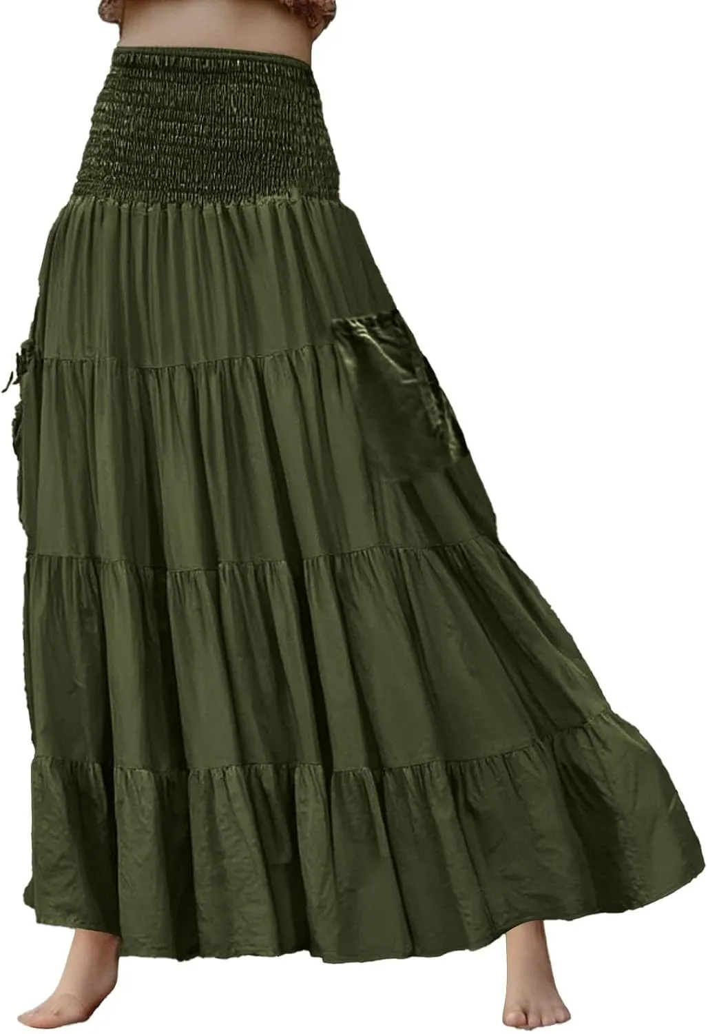Maxi Skirt for Women Elastic Wrap Waist Beach Flowy Long Skirts with Pockets Casual Boho Ruched A-Line Dress