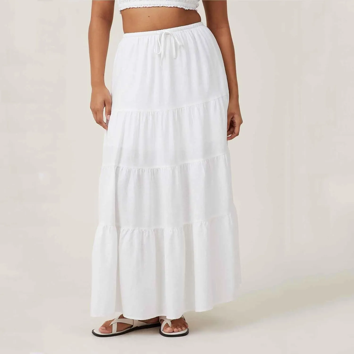 Maxi Skirts for Women Tiered Long Skirts High Waisted Pleated A Line Skirt Flowy Elastic Waist Skirt with Drawstring