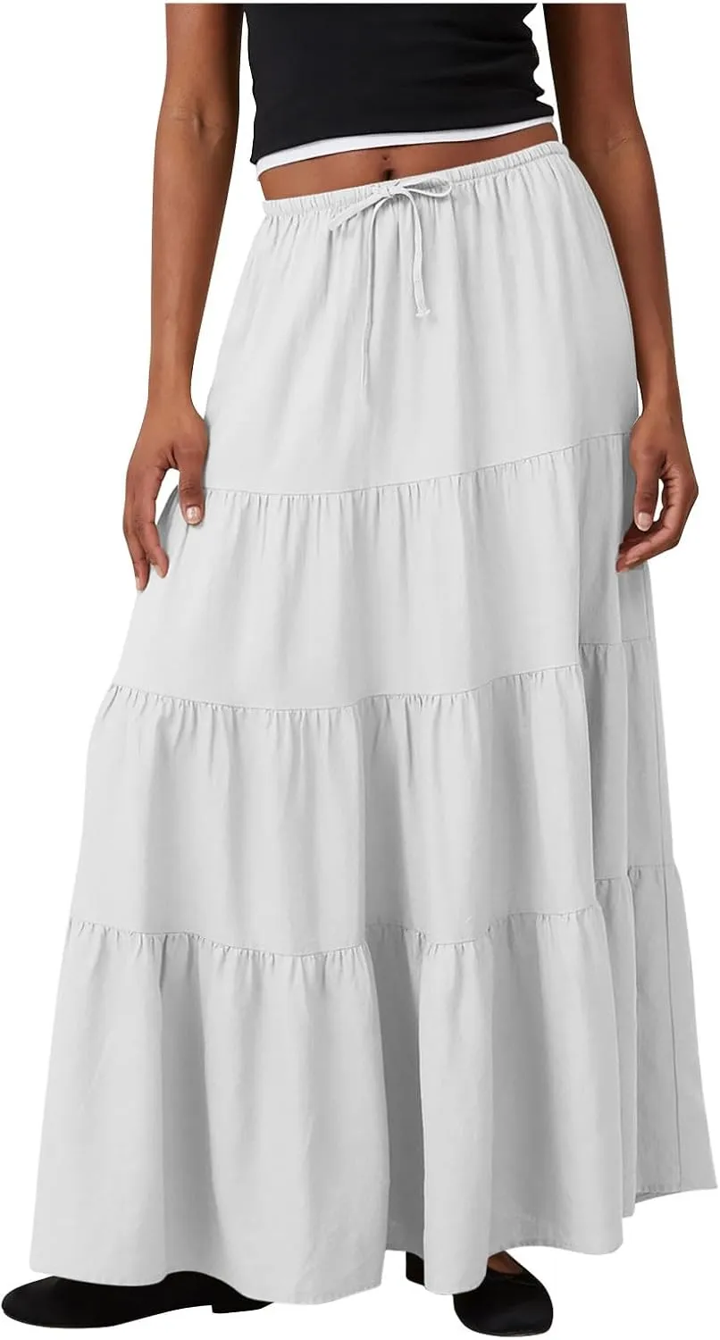 Maxi Skirts for Women Tiered Long Skirts High Waisted Pleated A Line Skirt Flowy Elastic Waist Skirt with Drawstring