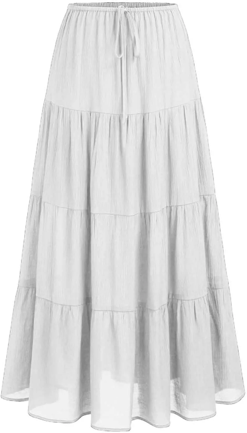 Maxi Skirts for Women Tiered Long Skirts High Waisted Pleated A Line Skirt Flowy Elastic Waist Skirt with Drawstring