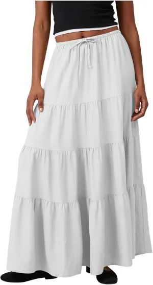 Maxi Skirts for Women Tiered Long Skirts High Waisted Pleated A Line Skirt Flowy Elastic Waist Skirt with Drawstring