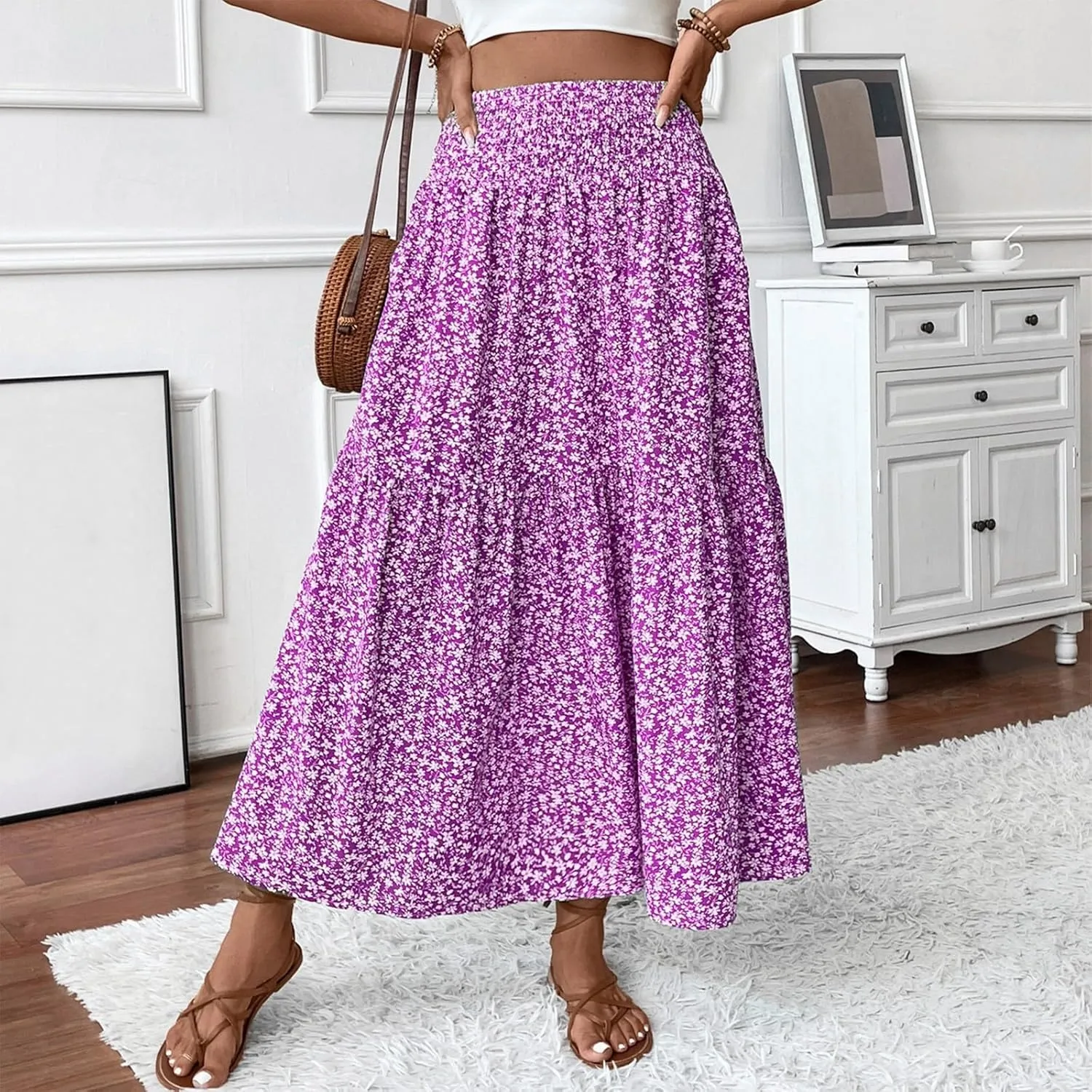 Maxi Skirts for Women,Flowy Long Skirts 2025 Trendy Pleated High Waisted Womens Boho Maxi Skirt with Pockets