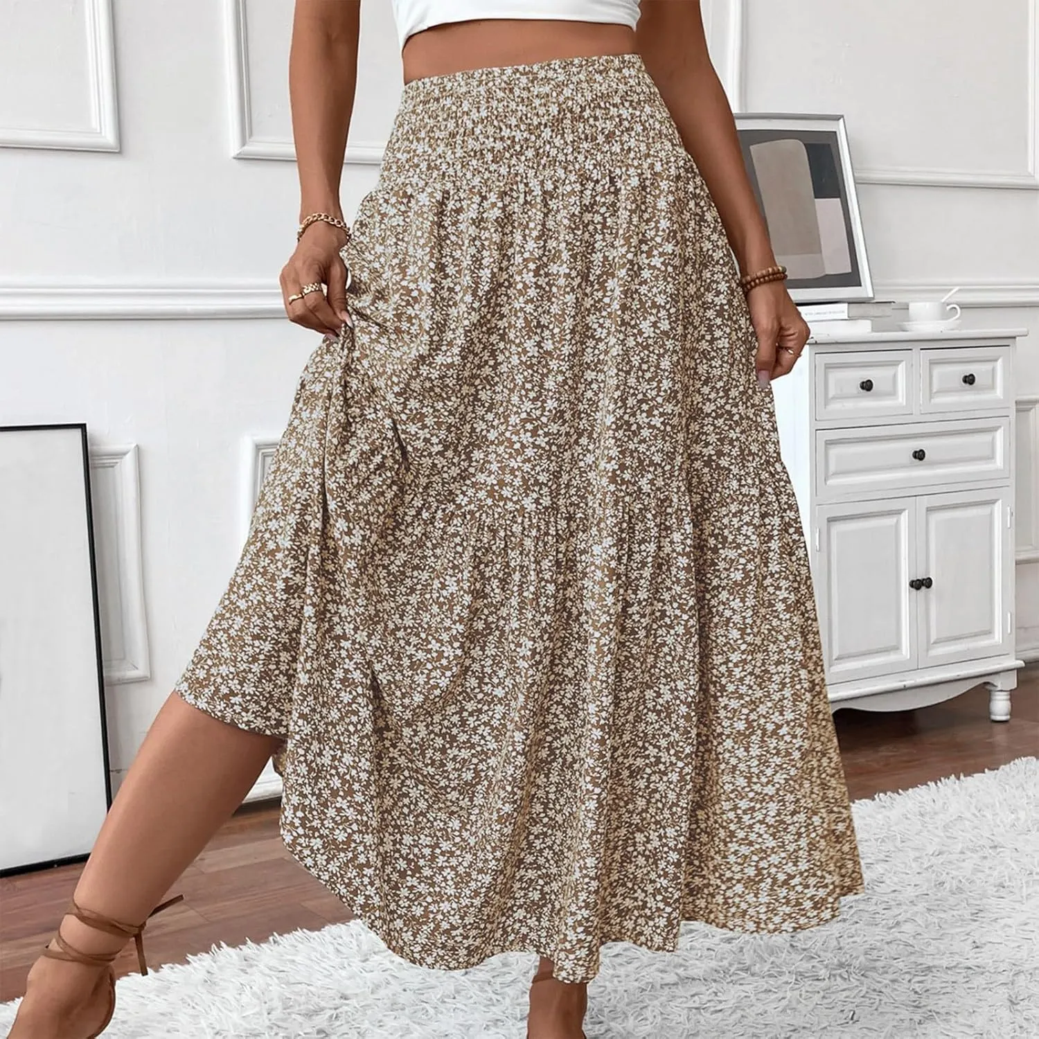 Maxi Skirts for Women,Flowy Long Skirts 2025 Trendy Pleated High Waisted Womens Boho Maxi Skirt with Pockets
