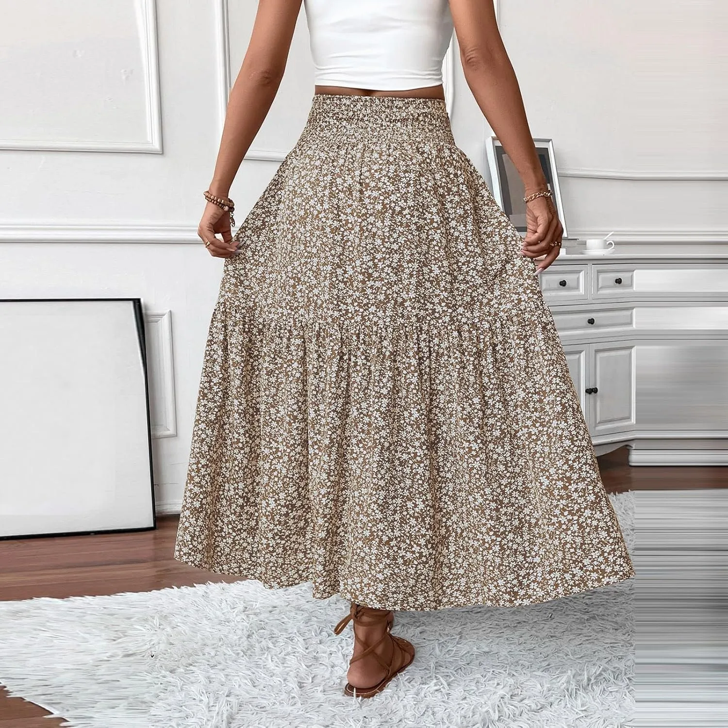 Maxi Skirts for Women,Flowy Long Skirts 2025 Trendy Pleated High Waisted Womens Boho Maxi Skirt with Pockets