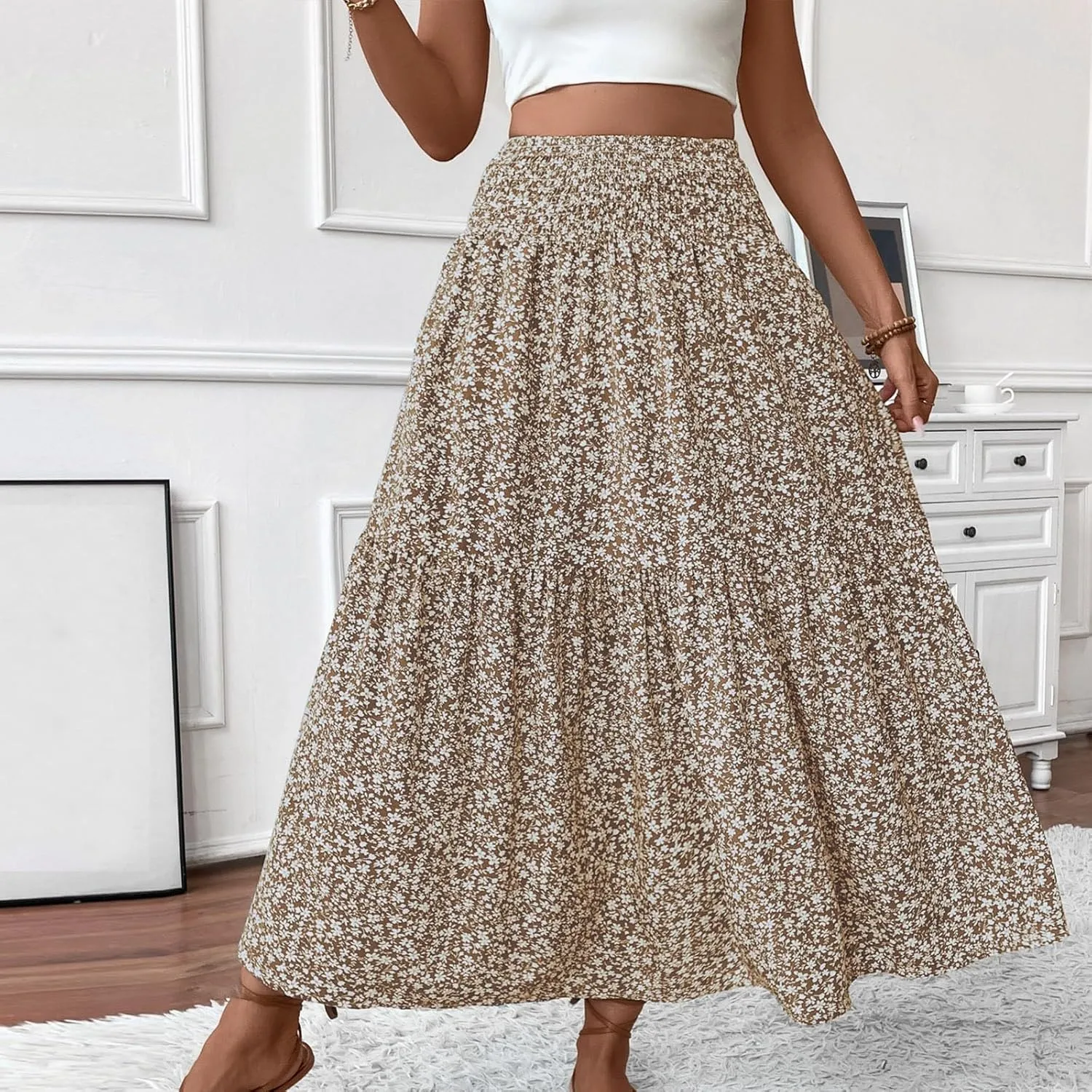 Maxi Skirts for Women,Flowy Long Skirts 2025 Trendy Pleated High Waisted Womens Boho Maxi Skirt with Pockets