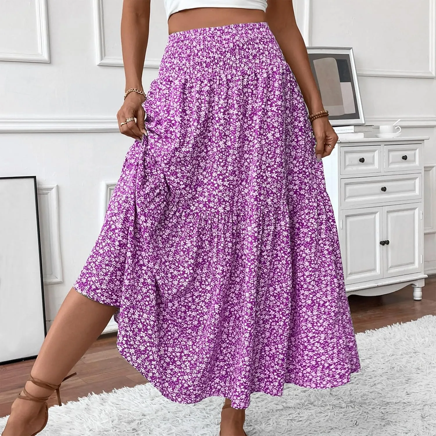 Maxi Skirts for Women,Flowy Long Skirts 2025 Trendy Pleated High Waisted Womens Boho Maxi Skirt with Pockets