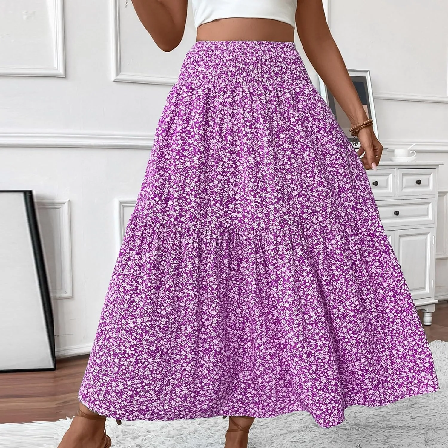 Maxi Skirts for Women,Flowy Long Skirts 2025 Trendy Pleated High Waisted Womens Boho Maxi Skirt with Pockets