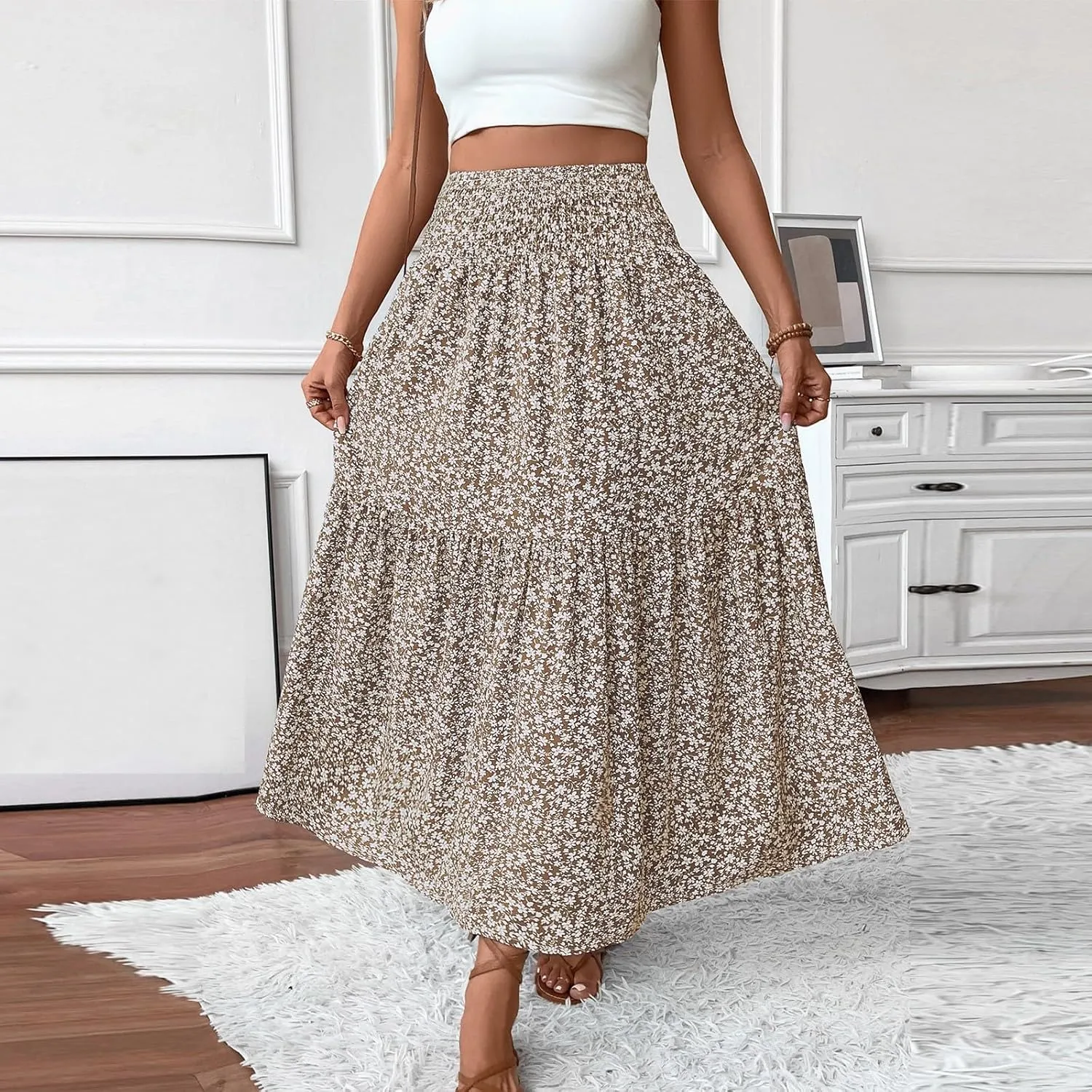 Maxi Skirts for Women,Flowy Long Skirts 2025 Trendy Pleated High Waisted Womens Boho Maxi Skirt with Pockets