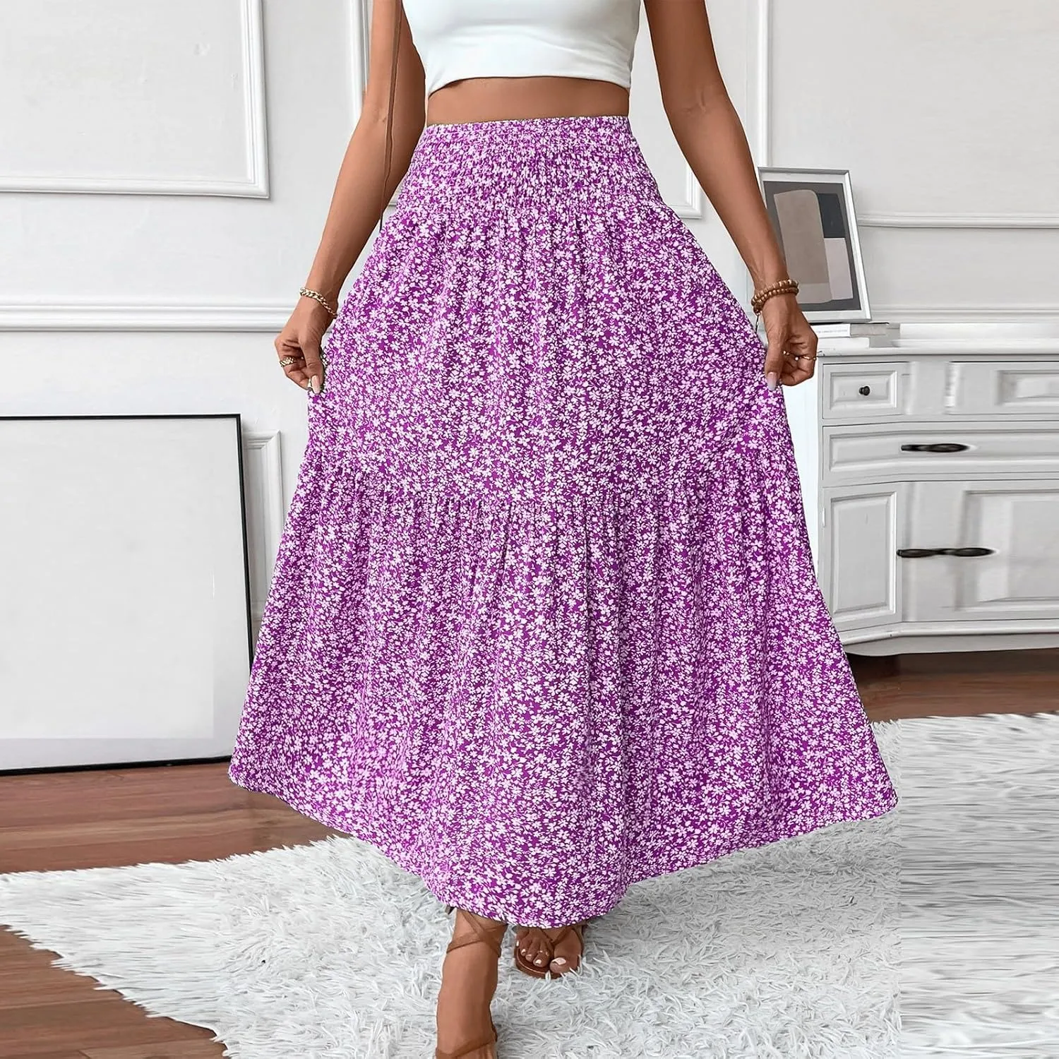 Maxi Skirts for Women,Flowy Long Skirts 2025 Trendy Pleated High Waisted Womens Boho Maxi Skirt with Pockets