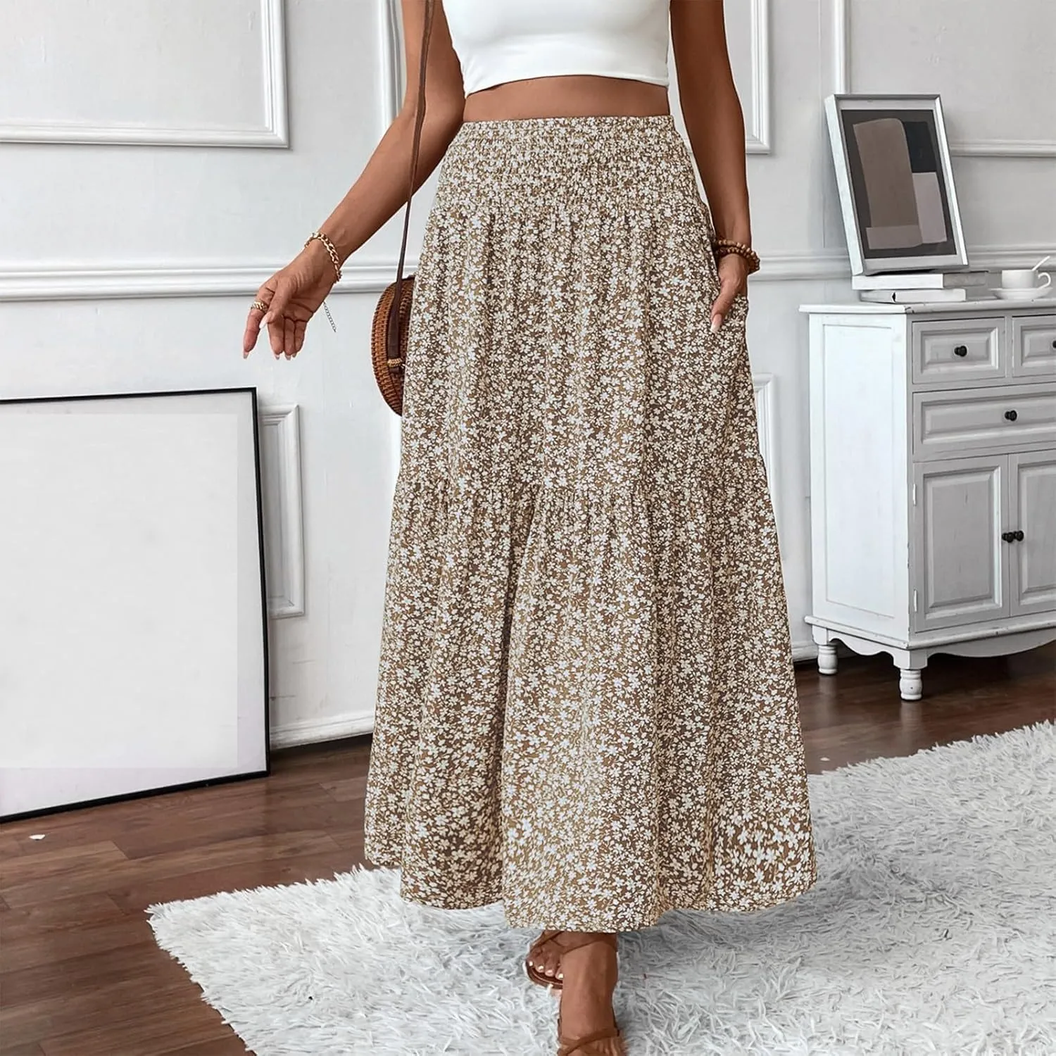 Maxi Skirts for Women,Flowy Long Skirts 2025 Trendy Pleated High Waisted Womens Boho Maxi Skirt with Pockets