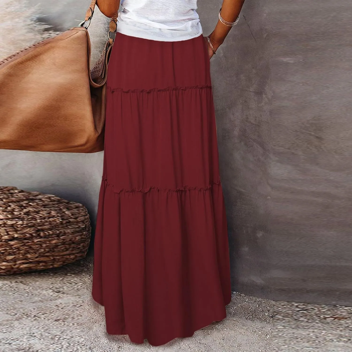 Maxi Skirts for Women,High Waisted Trendy Womens Boho Maxi Skirt with Pockets Pleated Flowy Long Skirts 2025