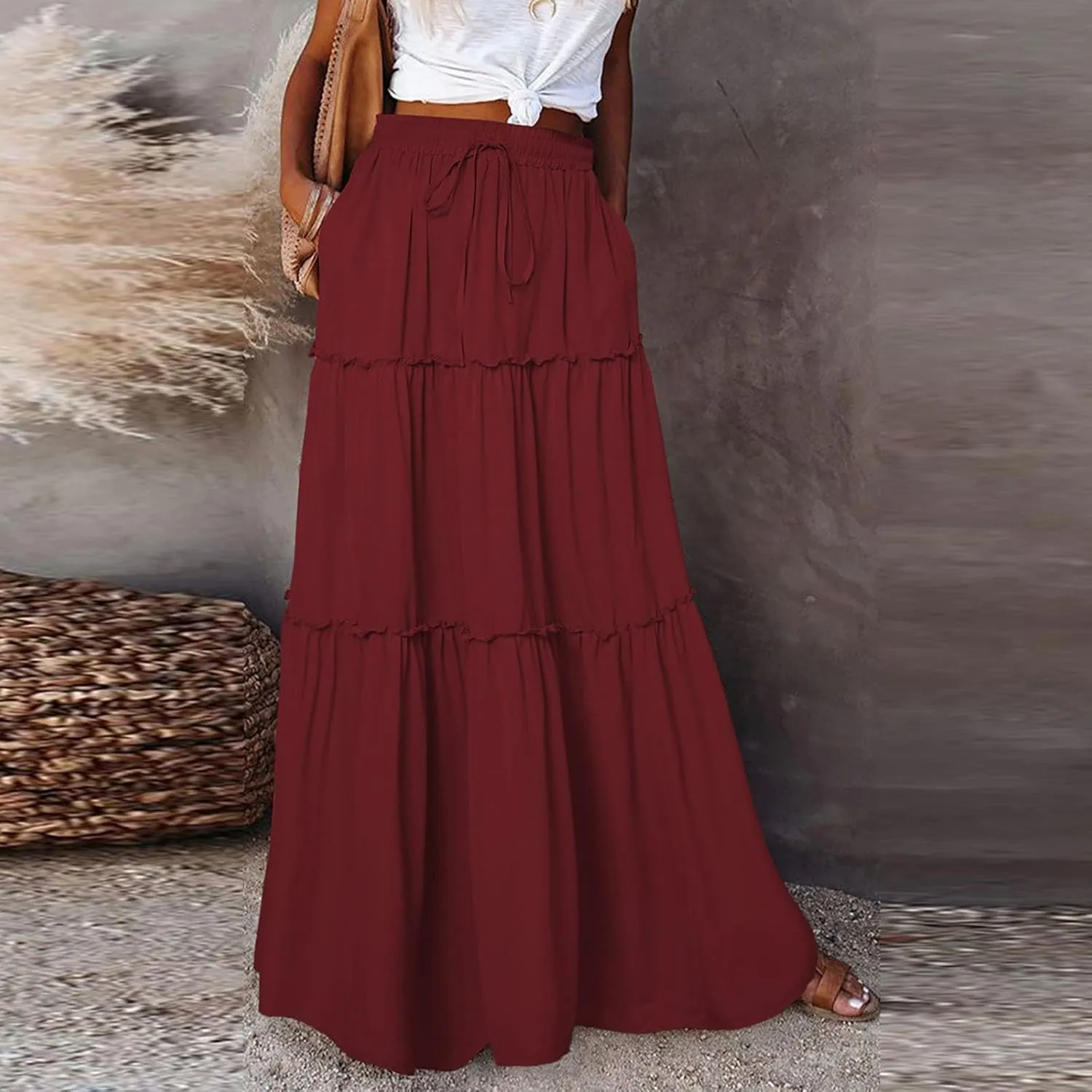 Maxi Skirts for Women,High Waisted Trendy Womens Boho Maxi Skirt with Pockets Pleated Flowy Long Skirts 2025
