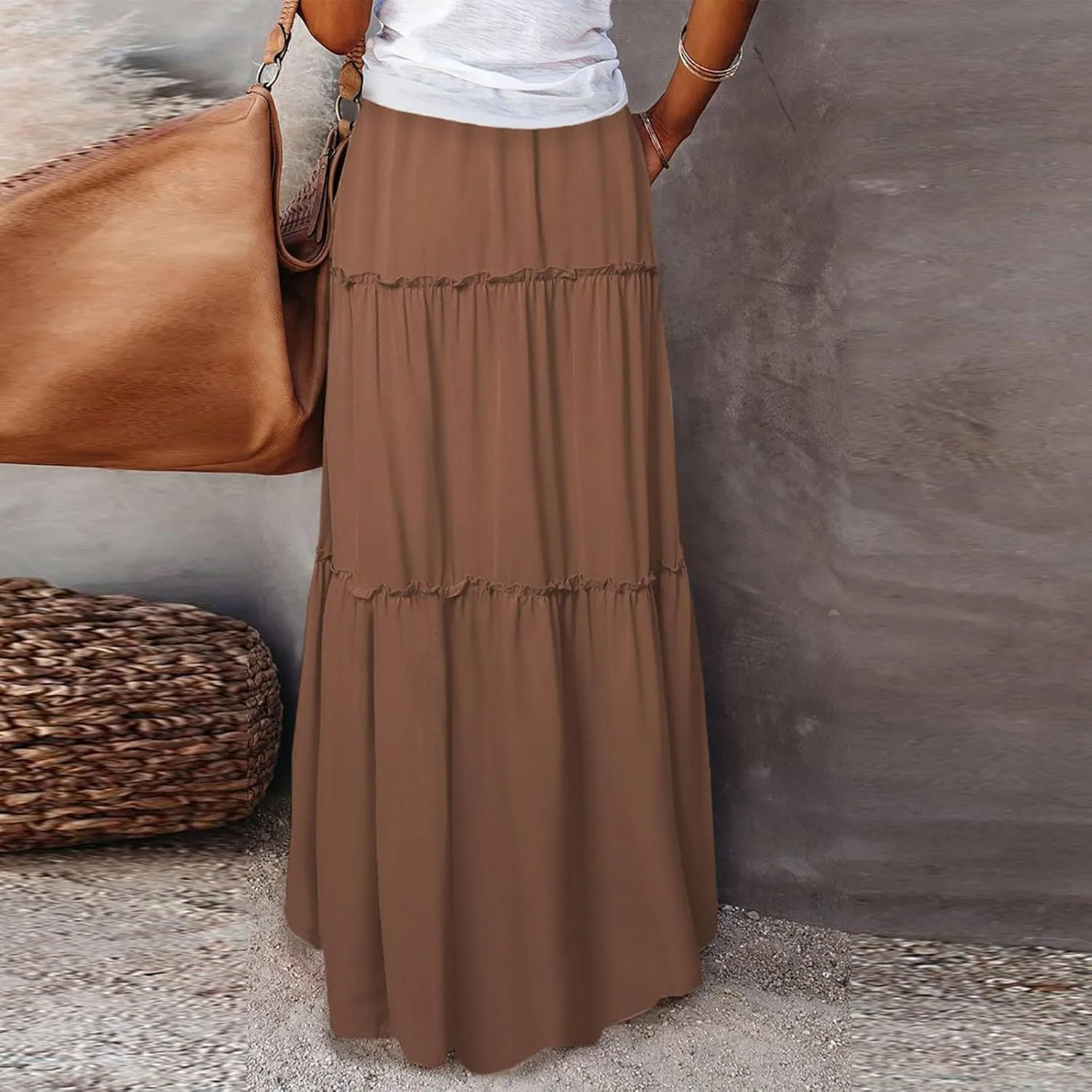 Maxi Skirts for Women,High Waisted Trendy Womens Boho Maxi Skirt with Pockets Pleated Flowy Long Skirts 2025