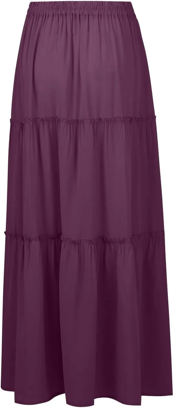 Maxi Skirts for Women,High Waisted Trendy Womens Boho Maxi Skirt with Pockets Pleated Flowy Long Skirts 2025