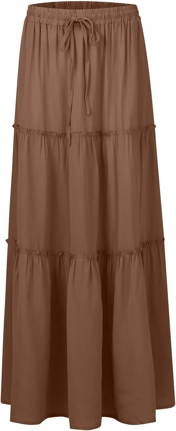 Maxi Skirts for Women,High Waisted Trendy Womens Boho Maxi Skirt with Pockets Pleated Flowy Long Skirts 2025