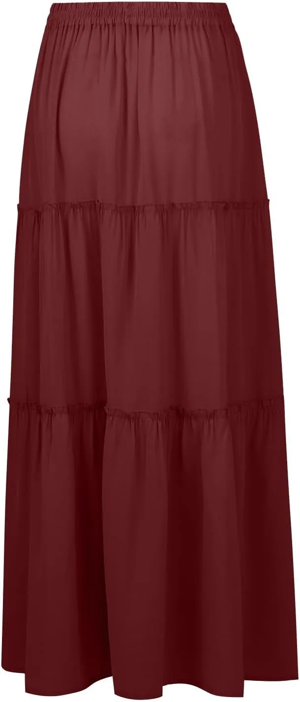 Maxi Skirts for Women,High Waisted Trendy Womens Boho Maxi Skirt with Pockets Pleated Flowy Long Skirts 2025