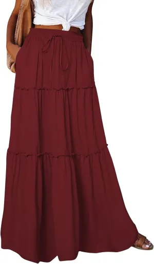 Maxi Skirts for Women,High Waisted Trendy Womens Boho Maxi Skirt with Pockets Pleated Flowy Long Skirts 2025