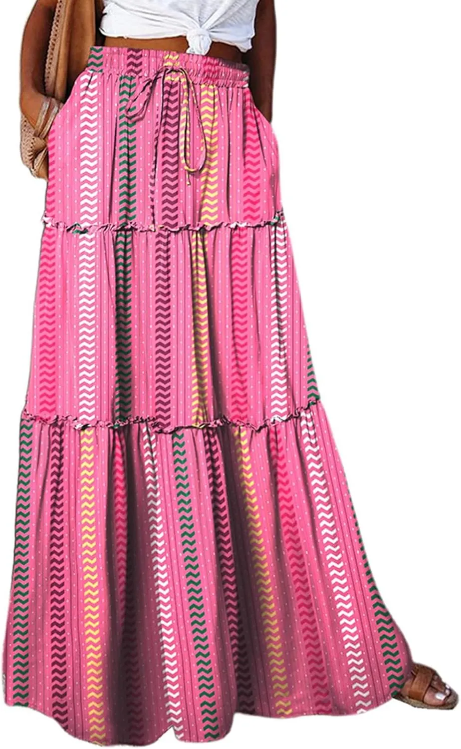 Maxi Skirts for Women,High Waisted Trendy Womens Boho Maxi Skirt with Pockets Pleated Flowy Long Skirts 2025