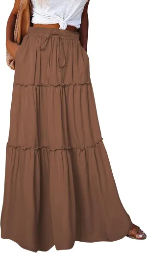Maxi Skirts for Women,High Waisted Trendy Womens Boho Maxi Skirt with Pockets Pleated Flowy Long Skirts 2025