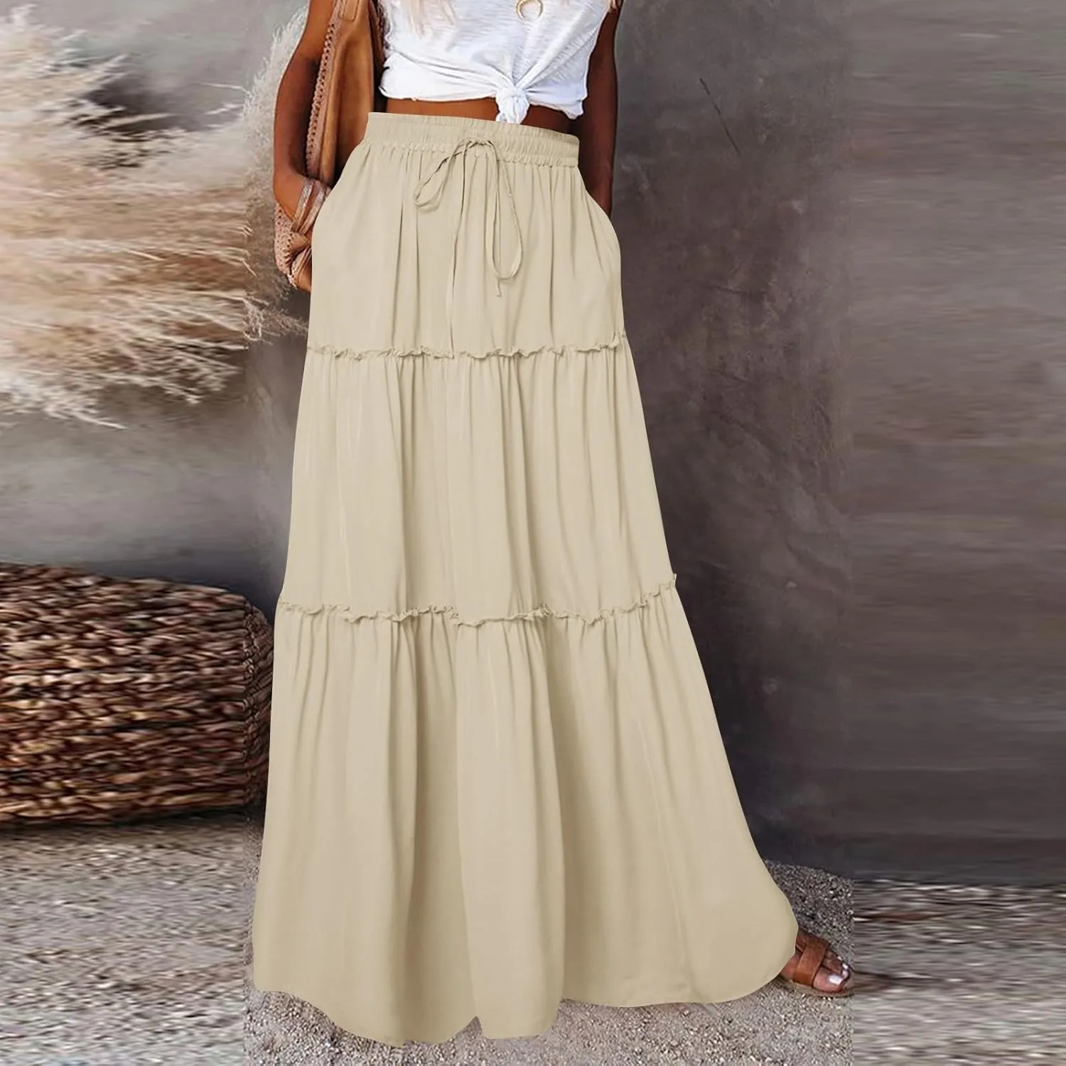 Maxi Skirts for Women,High Waisted Trendy Womens Boho Maxi Skirt with Pockets Pleated Flowy Long Skirts 2025
