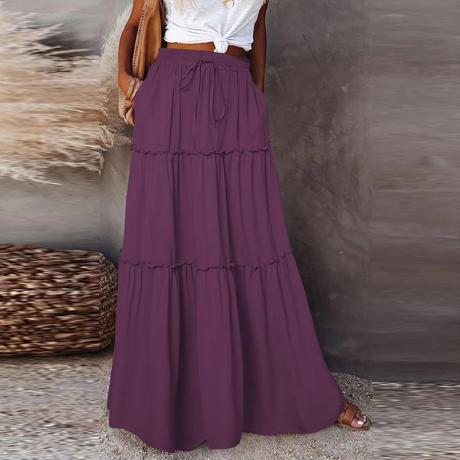 Maxi Skirts for Women,High Waisted Trendy Womens Boho Maxi Skirt with Pockets Pleated Flowy Long Skirts 2025