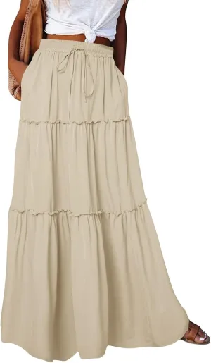 Maxi Skirts for Women,High Waisted Trendy Womens Boho Maxi Skirt with Pockets Pleated Flowy Long Skirts 2025
