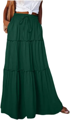 Maxi Skirts for Women,High Waisted Trendy Womens Boho Maxi Skirt with Pockets Pleated Flowy Long Skirts 2025