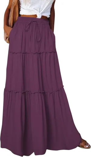 Maxi Skirts for Women,High Waisted Trendy Womens Boho Maxi Skirt with Pockets Pleated Flowy Long Skirts 2025